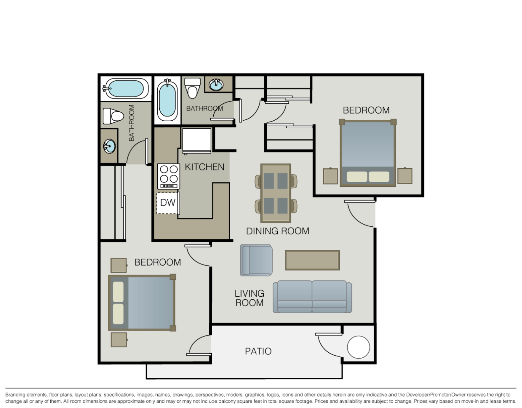 Floor plan for 2 beds, 2 baths, 880 sqft